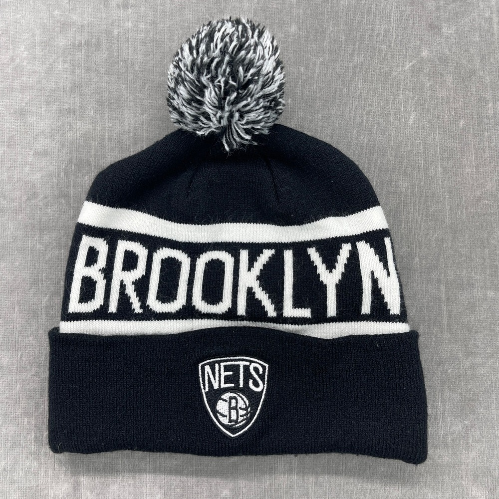 Brooklyn Nets NBA‎ Youth One Size Black Cuffed Pom Beanie Hat Knit Logo